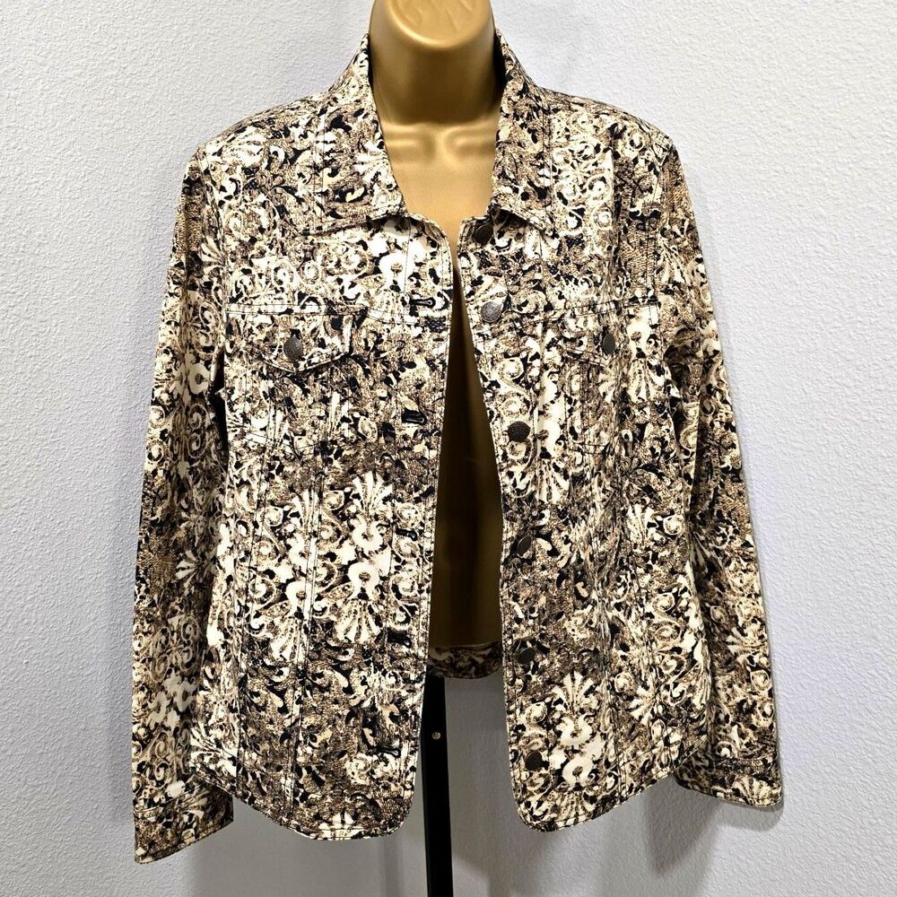 Cream Black Stretch Denim Boho Paisley Western Jean Jacket Womens Sz 10 Cowgirl